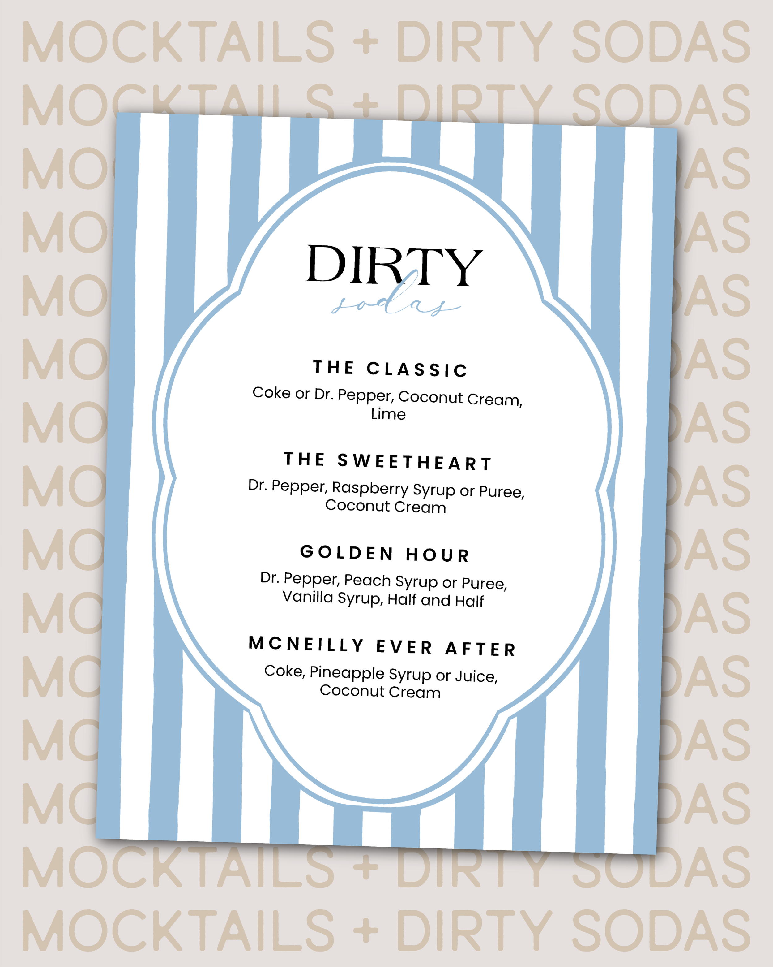 A menu titled 'Dirty Sodas' featuring four soda drink options with ingredients listed.