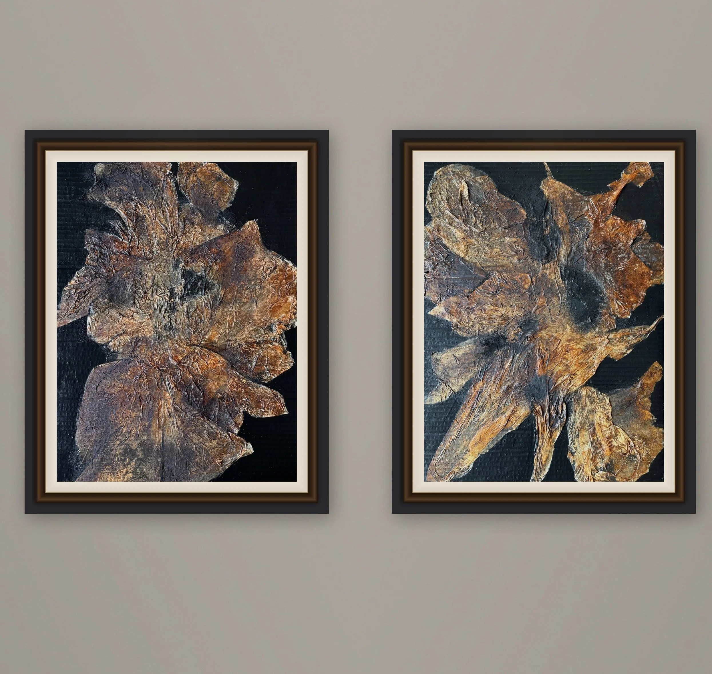 Paper Flowers - Set of 2, 24x18 mixed media on painted cardboard. Frames not included. $300
