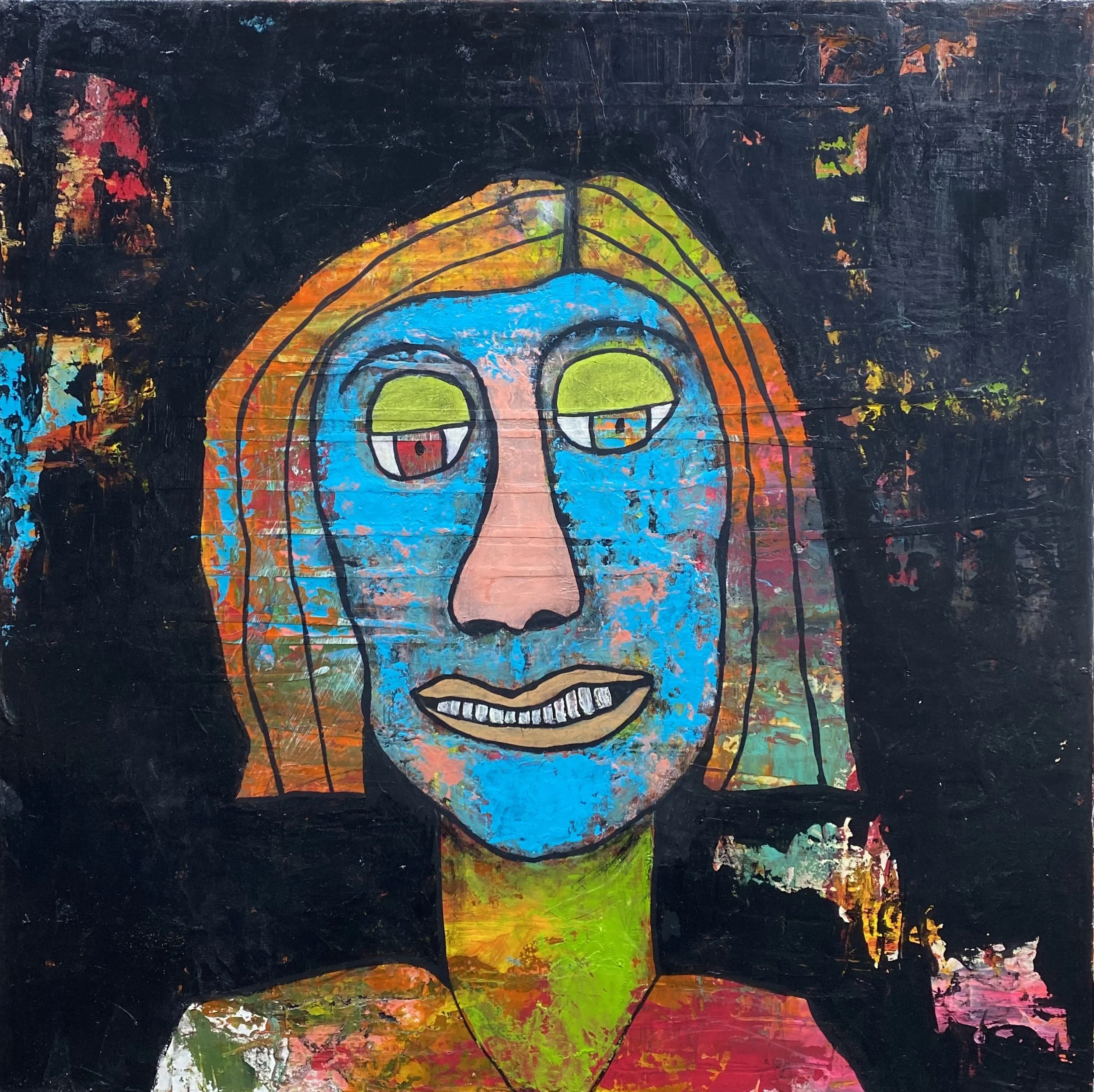 BLUE IN THE FACE 24” x 24”x1.5” mixed media on gallery-wrapped canvas. $1000.00 