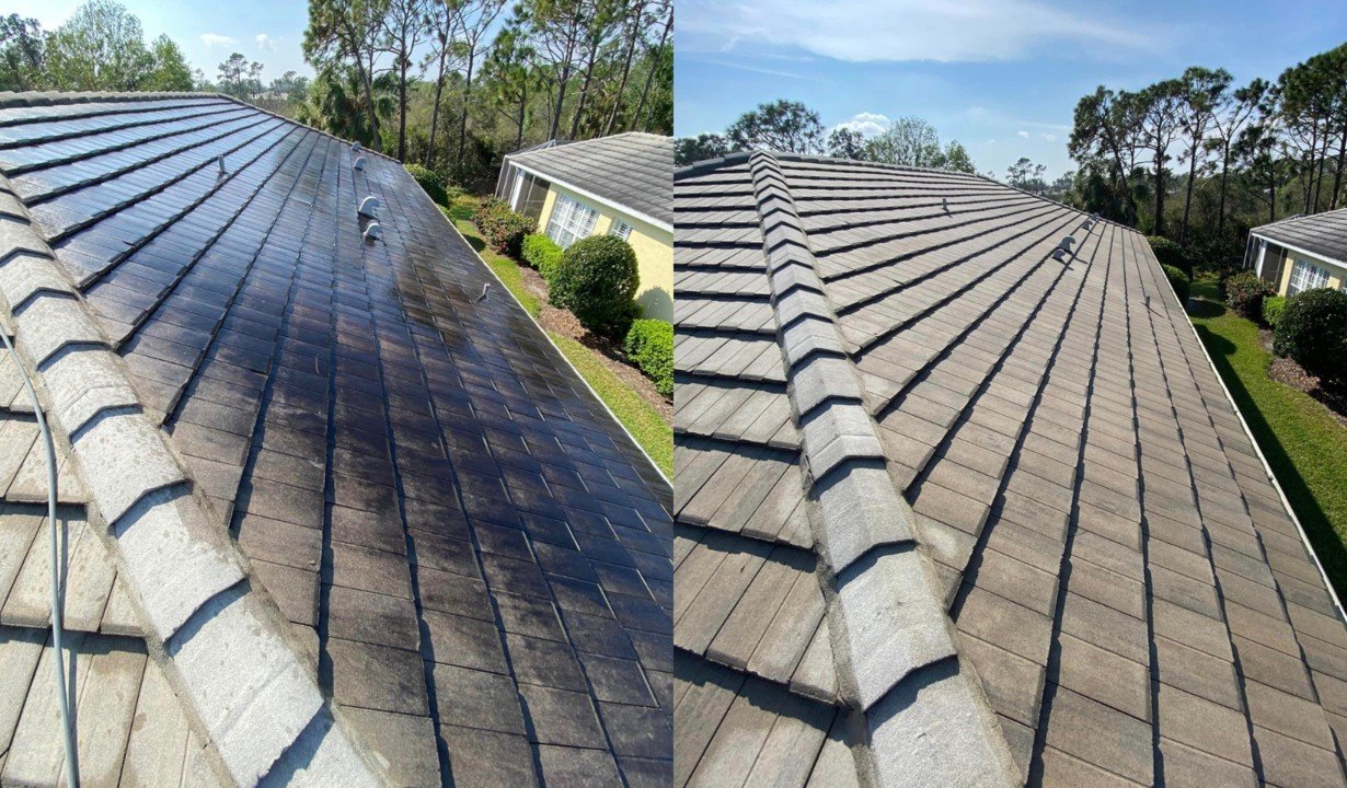 Side-by-side comparison of a roof before and after cleaning, showing a dirty, stained, and darker roof on the left and a clean, brighter roof on the right.