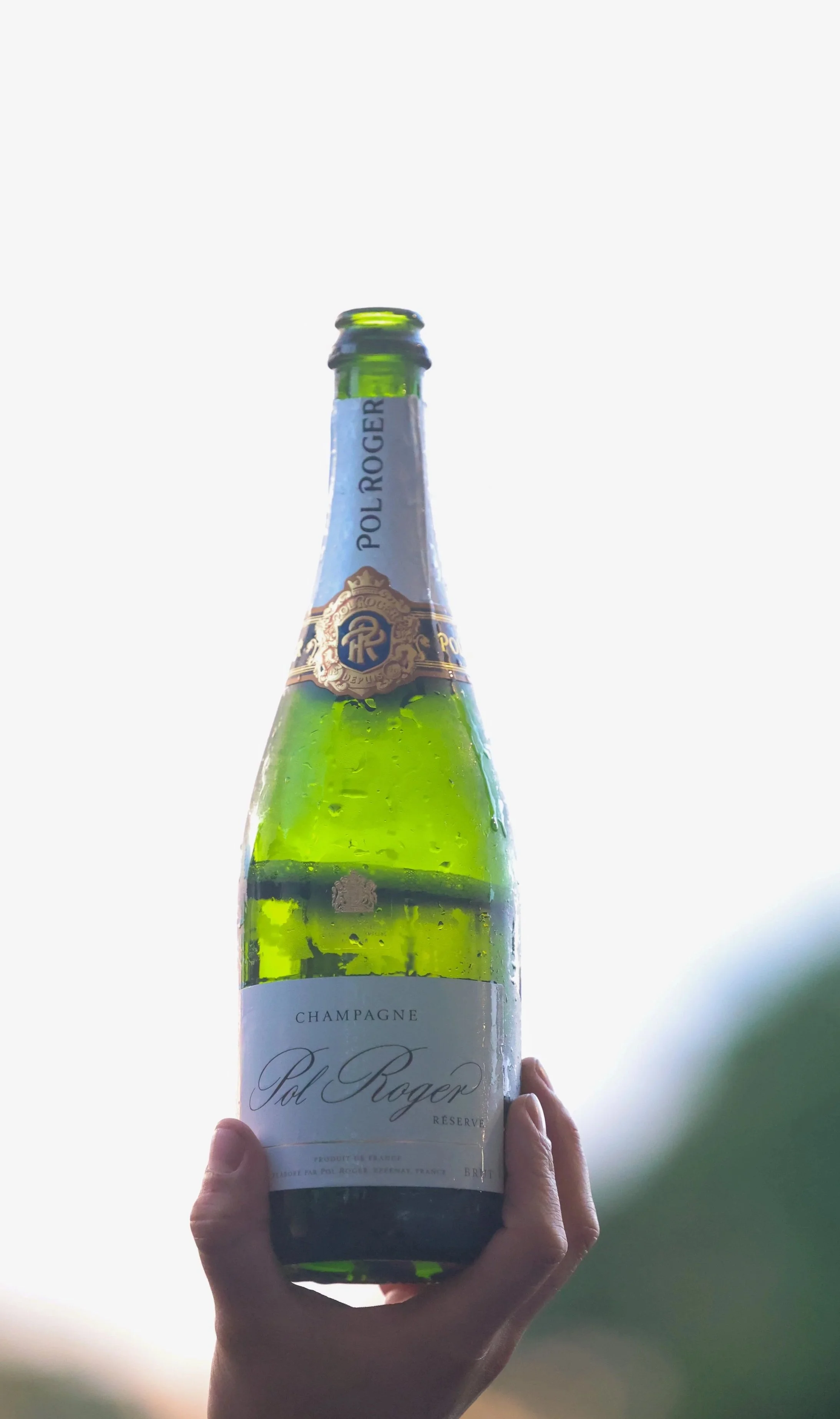 A person holding up a green wine bottle labeled 'Pol Roger Champagne Reserve' against a bright sky background.