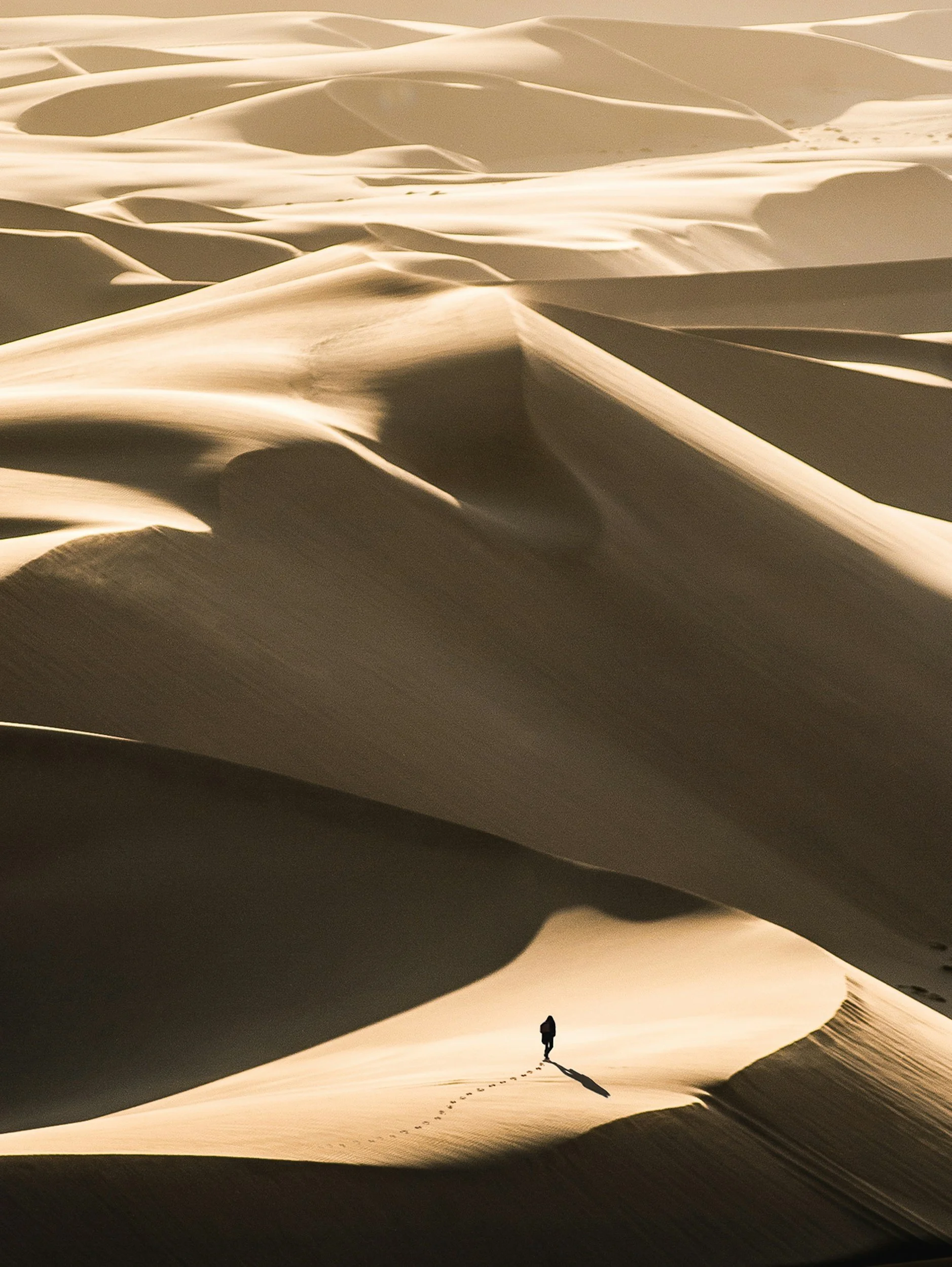 A lone person walking across sand dunes in a desert, with the person's shadow and footprints visible.