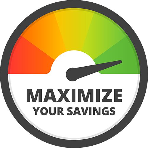 Gauge meter showing high savings level, with the needle pointing towards the green zone, and text that says "Maximize Your Savings."