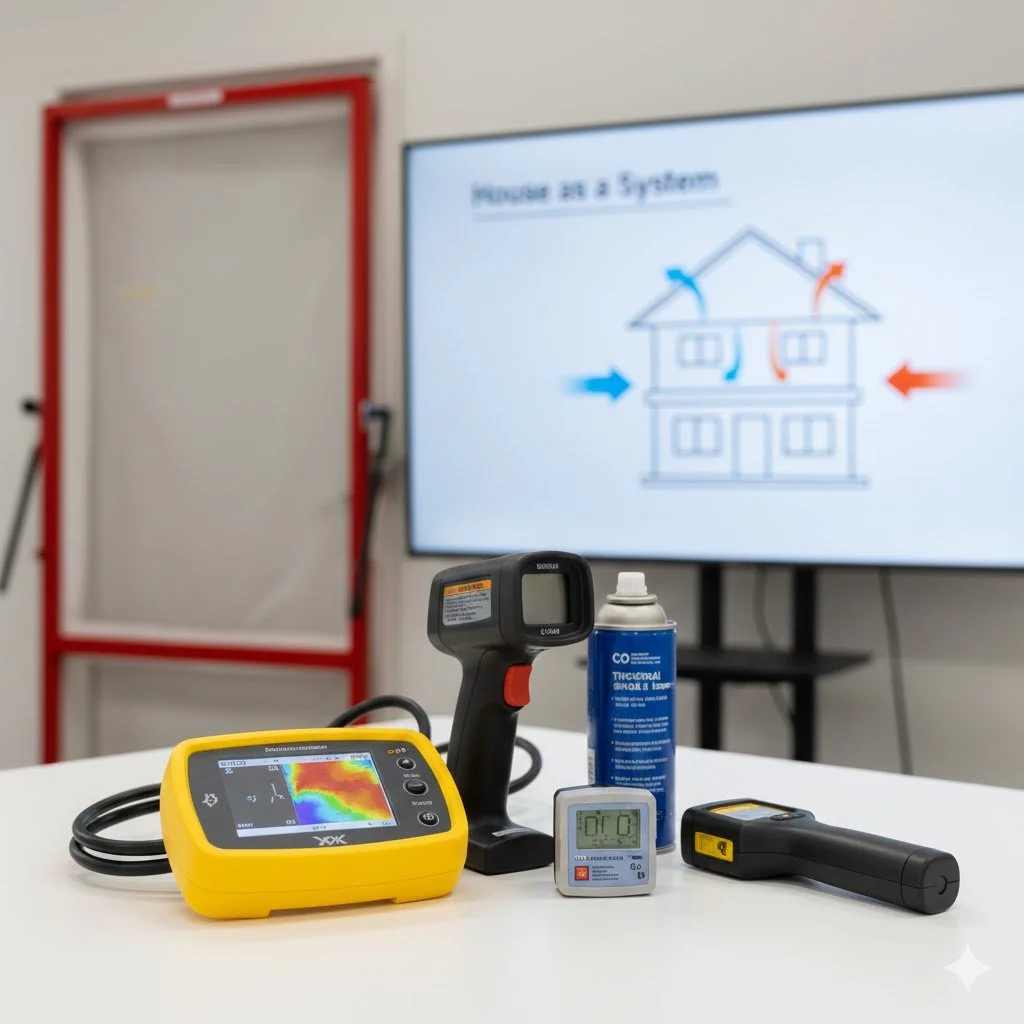Tools and equipment used for home inspection, including a thermal imaging camera, a digital thermometer, a smoke pen, a carbon monoxide detector, and a spray can, with a screen displaying a diagram of a house and the text "House as a System."
