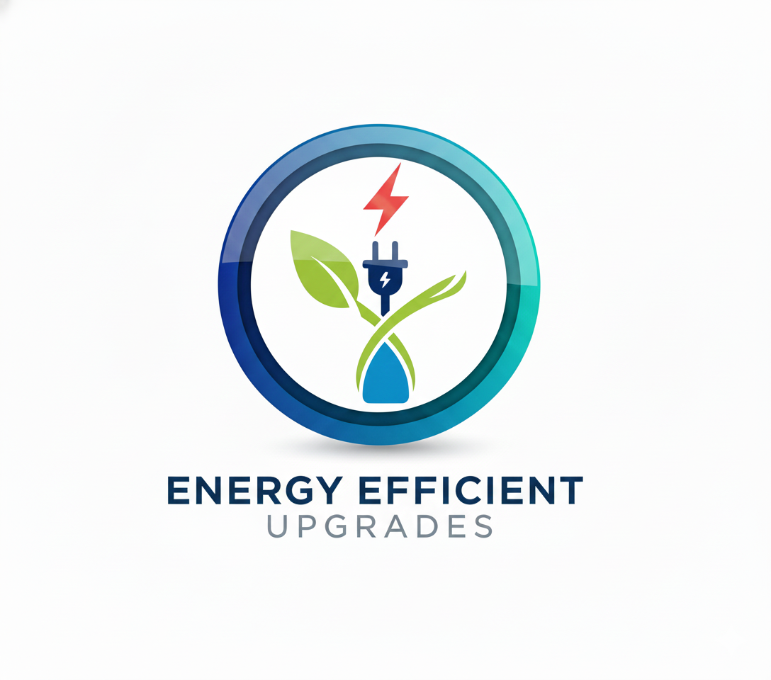 A circular graphic with a water droplet, green leaves, an electric plug, and a red lightning bolt inside, representing environmentally friendly energy upgrades. Below, the text says 'Energy Efficient Upgrades.'