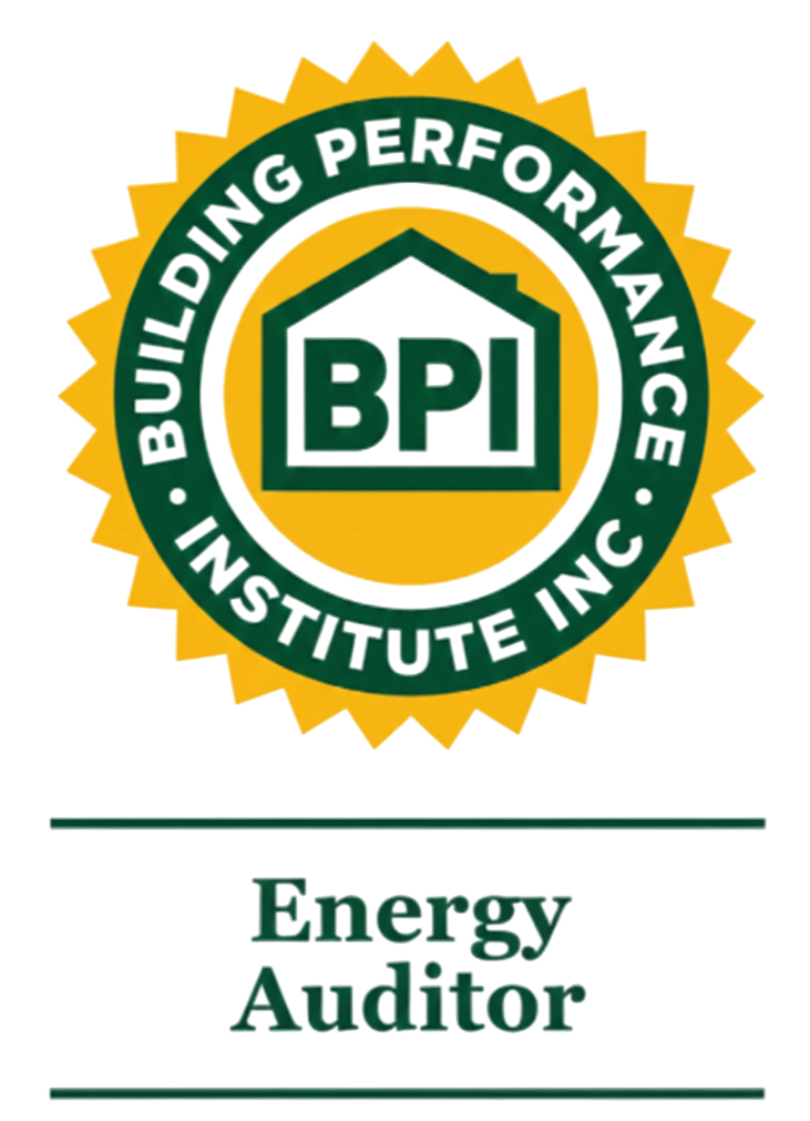 Logo of the Building Performance Institute, Inc. (BPI) with a green house symbol and the initials BPI inside, surrounded by a yellow sunburst design, indicating energy efficiency certification.