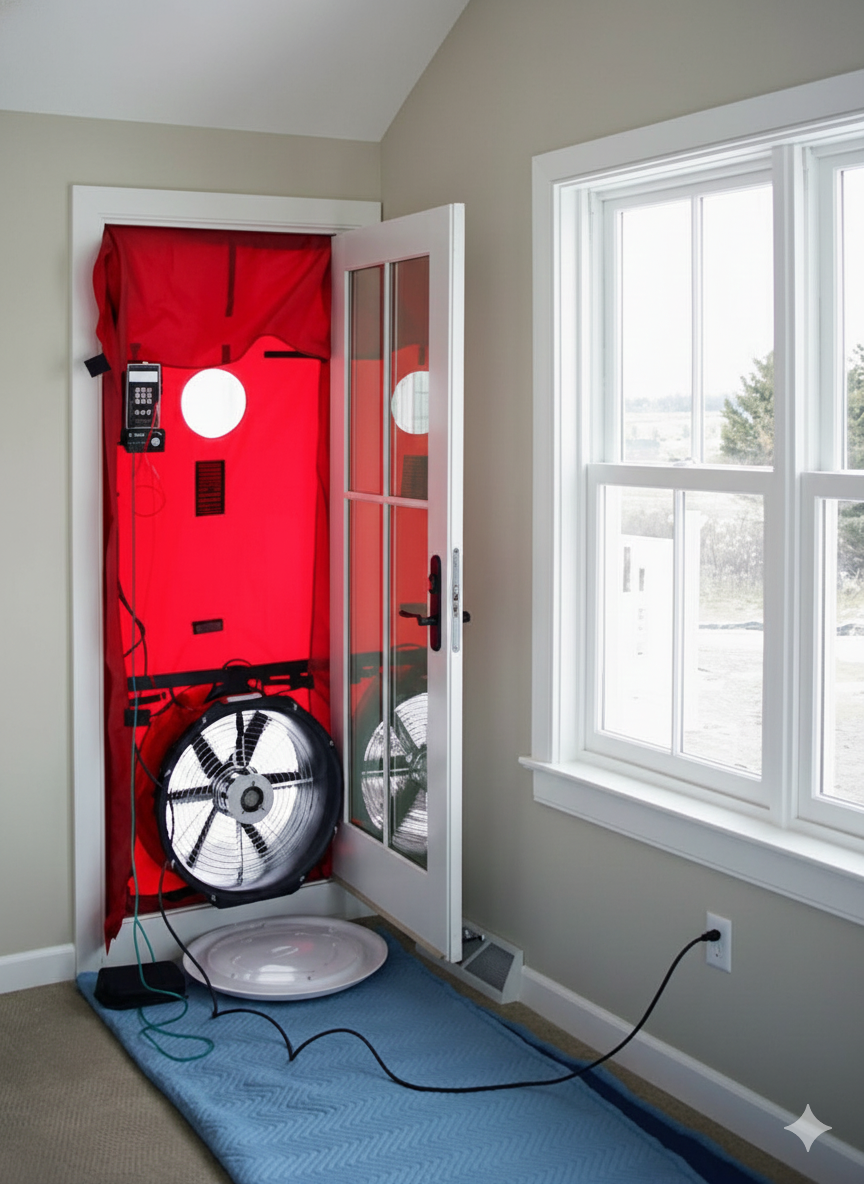 A makeshift indoor photo booth or darkroom setup with a red backdrop, a large fan on the floor, a door with glass panels, a window, and electronic equipment including a phone and cables.