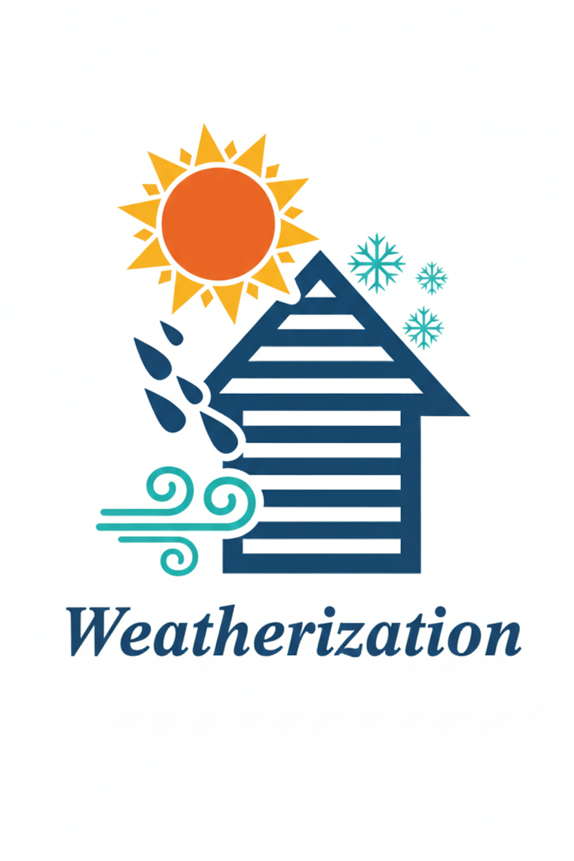 A logo with a sun, snowflakes, wind, and a house, and the word 'Weatherization' at the bottom.