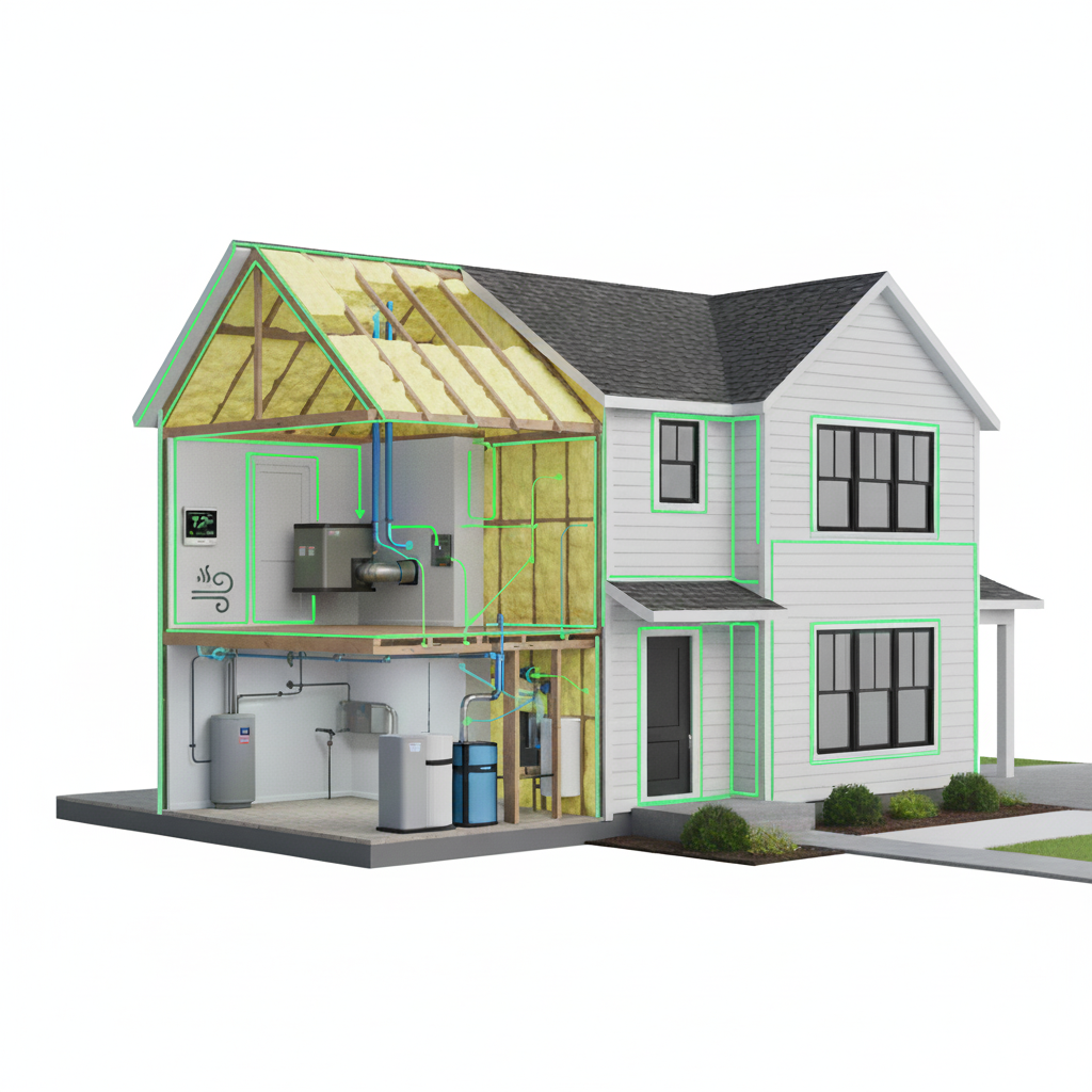 Cross-section of a house showing the HVAC, ventilation, and piping systems inside the walls, floors, and roof.