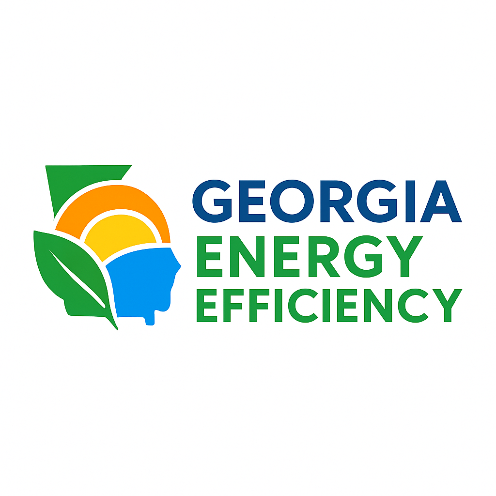Logo for Georgia Energy Efficiency featuring a stylized human head with a sunrise, leaves, and vibrant colors.