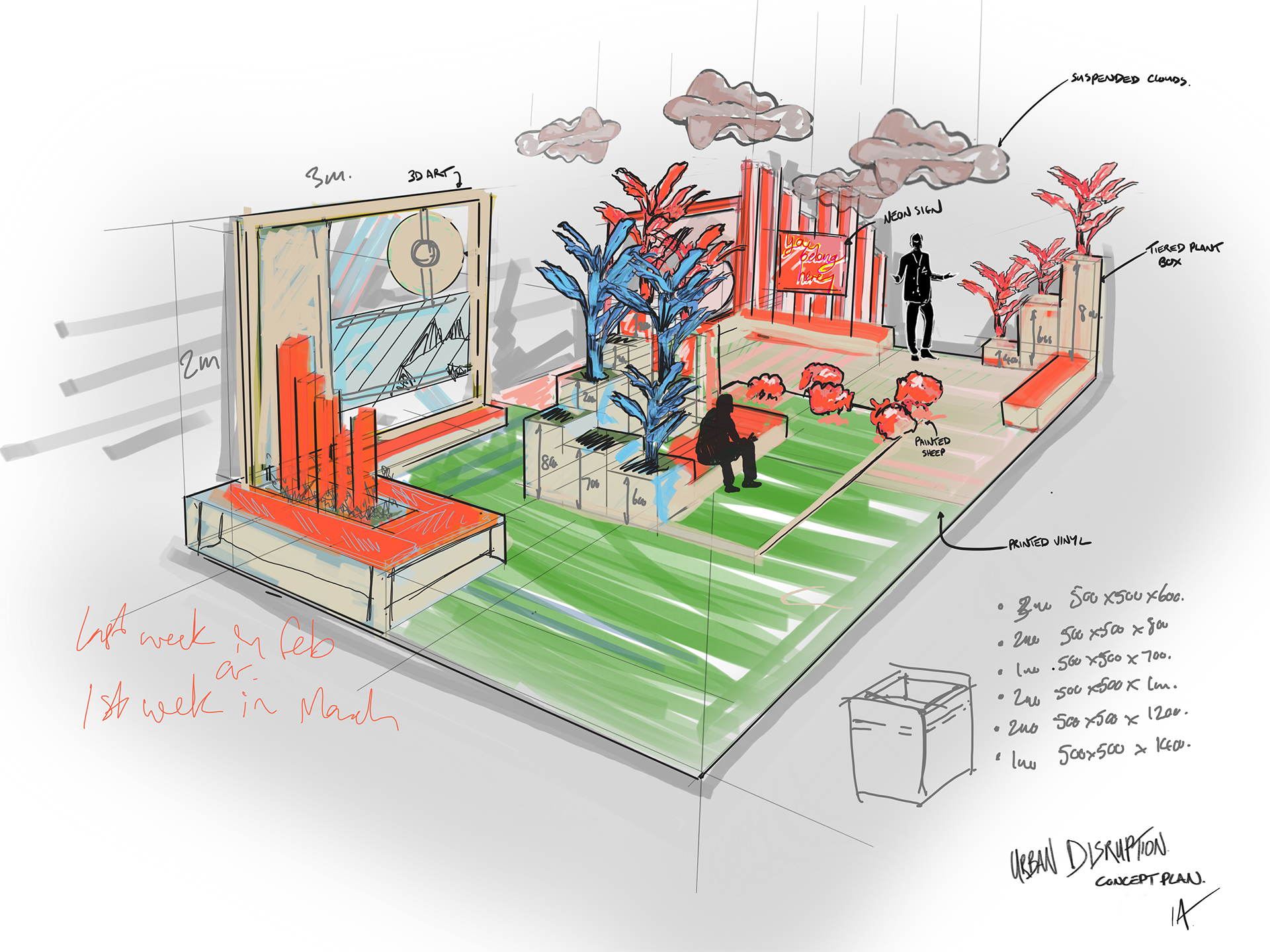 concept sketch for brand activation in shopping mall.