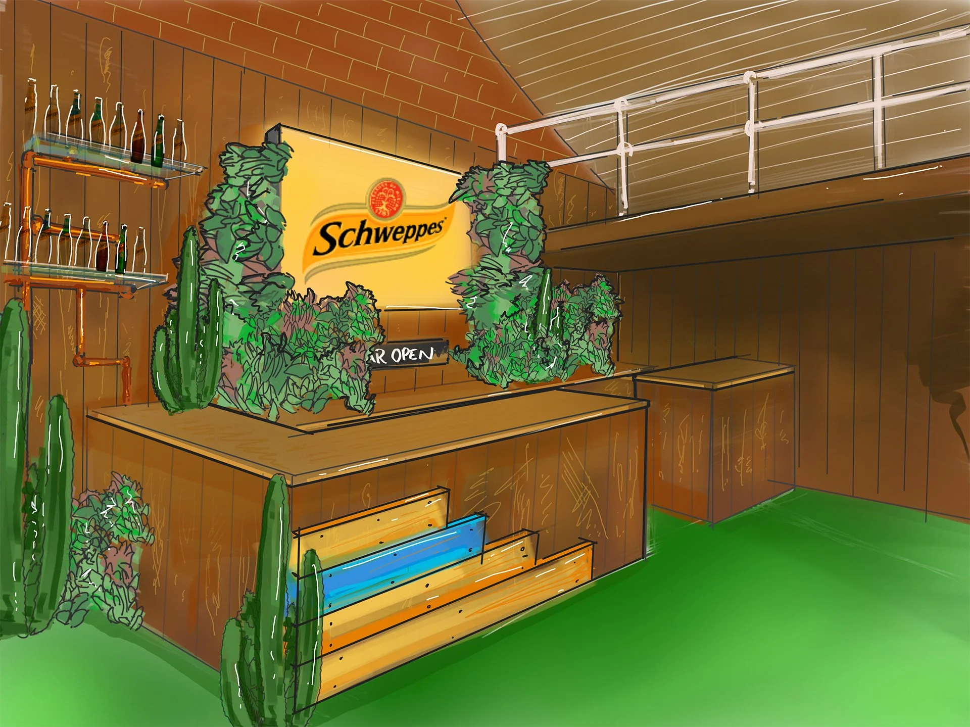 An indoor scene with a wooden bar counter decorated with various unhealthy leafy plants and tall cacti. There are shelves with small bottles on the left wall and a large Schwpees sign illuminated on the wall behind the bar. A neon sign indicating 'Open' hangs on the front of the bar. The room has a green floor and a balcony railing on the upper level.