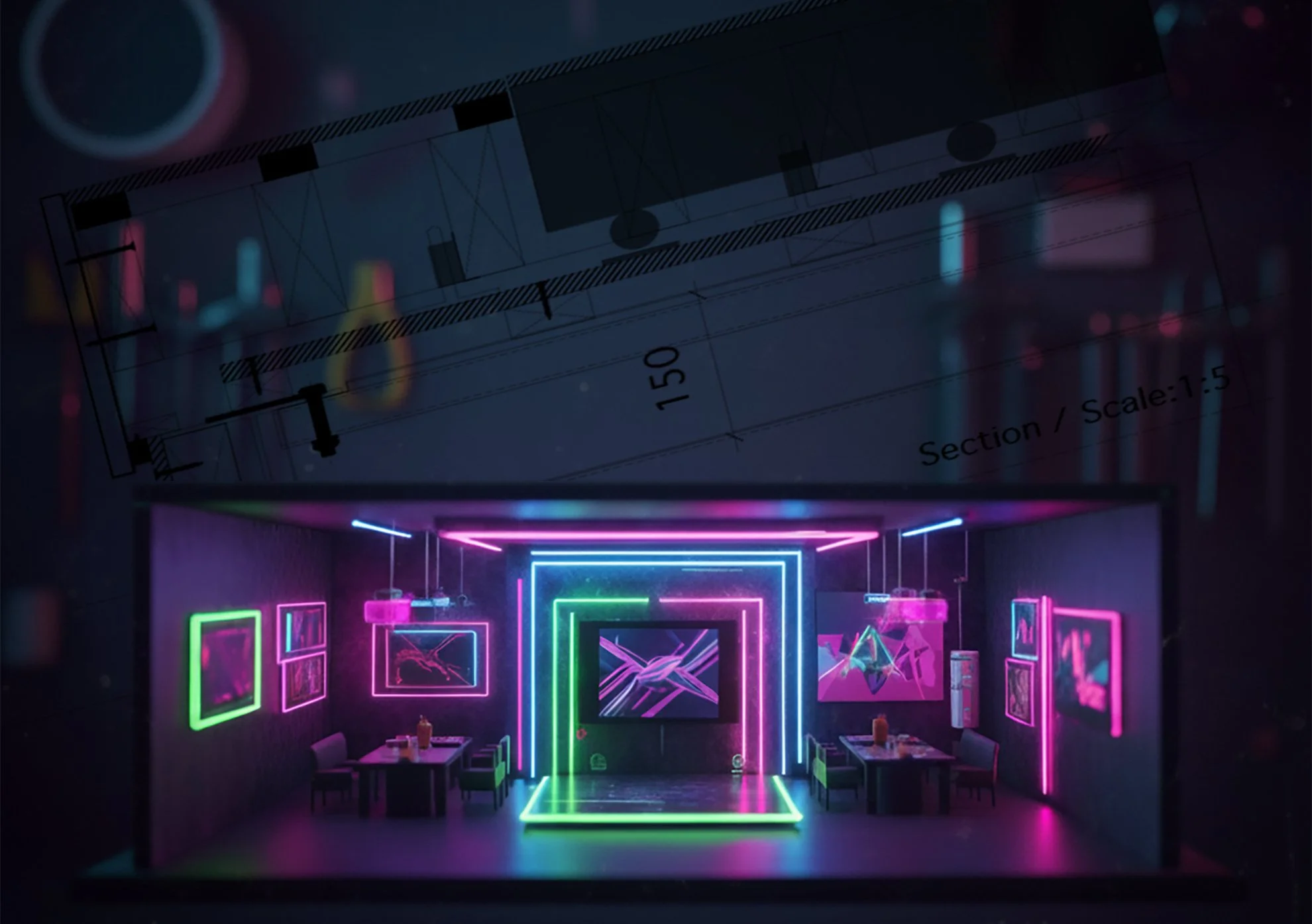 Model of an art gallery with colorful neon lights, paintings on the walls, and seating areas.