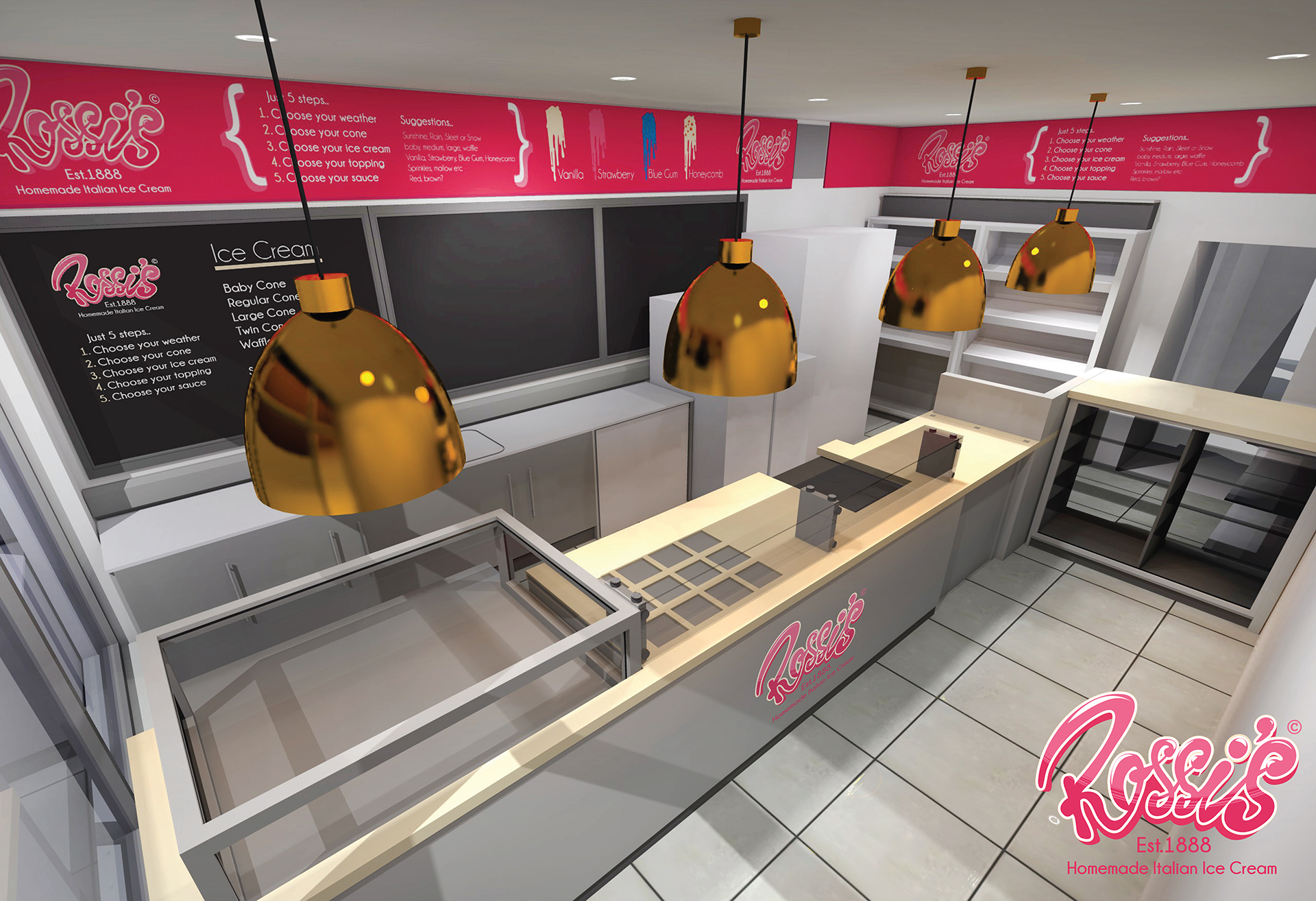 Aerial view of shop design showing bespoke counter top including ice cream equipment