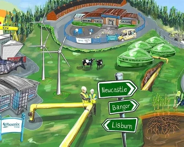 An illustration for Phoenix Energy showing their geographical network and services across Northern Ireland.