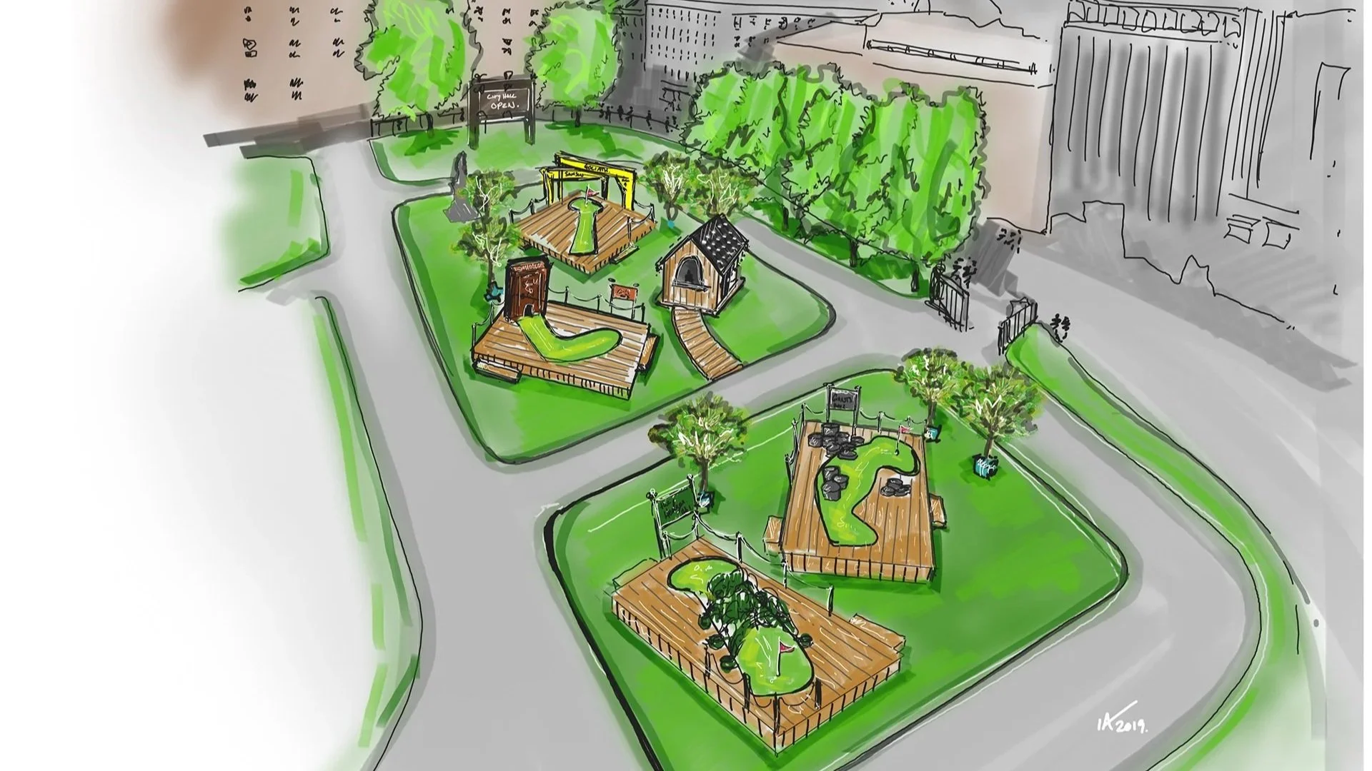 A colorful illustration of an outdoor miniature golf course with four holes, each with unique obstacles and features, surrounded by trees and pathways in an urban area.