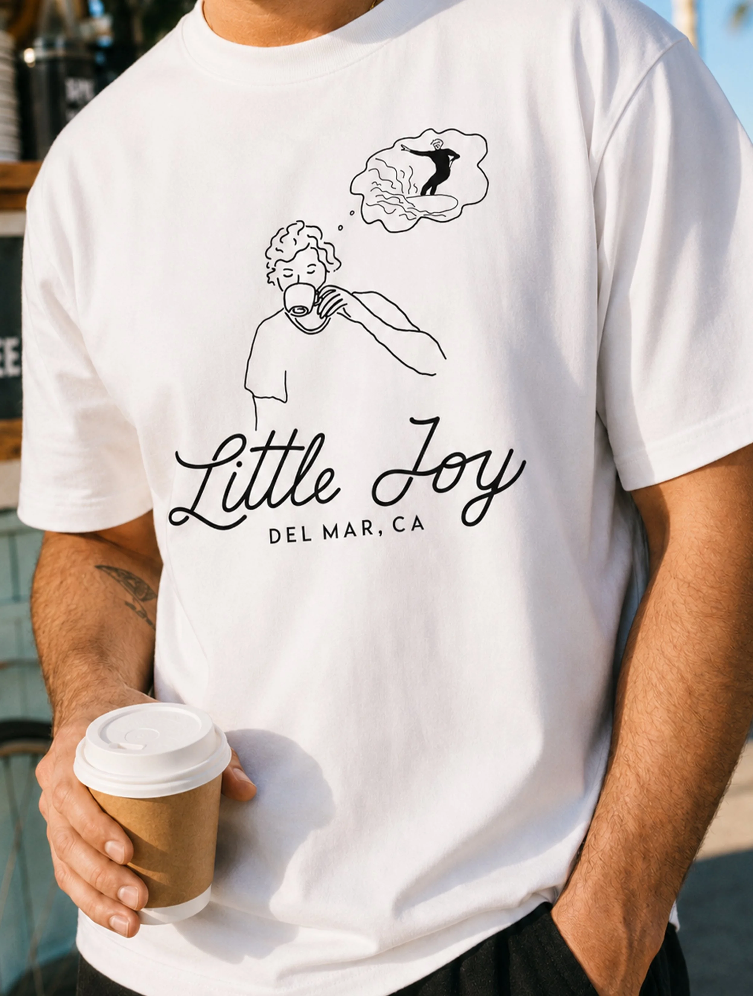 Little Joy Del Mar coffee cart illustration with surfer and coffee cup artwork for t-shirt merch design