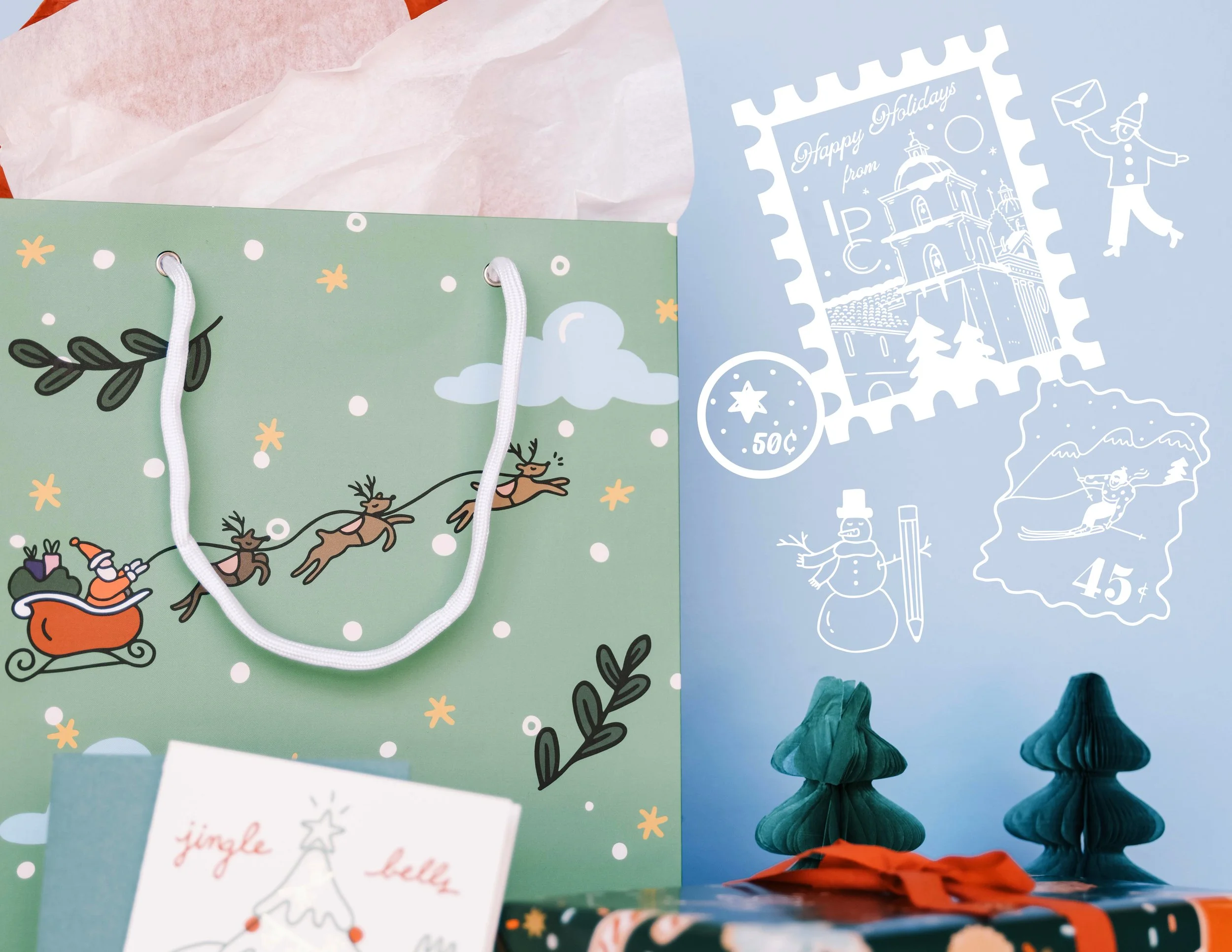 Holiday stationery christmas gift bag and hand drawn stamps