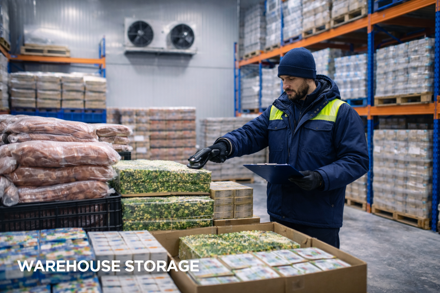A warehouse worker in a blue jacket, black gloves, and a knit cap is inspecting items with a barcode scanner and clipboard. Shelves filled with boxes and pallets are in the background.
