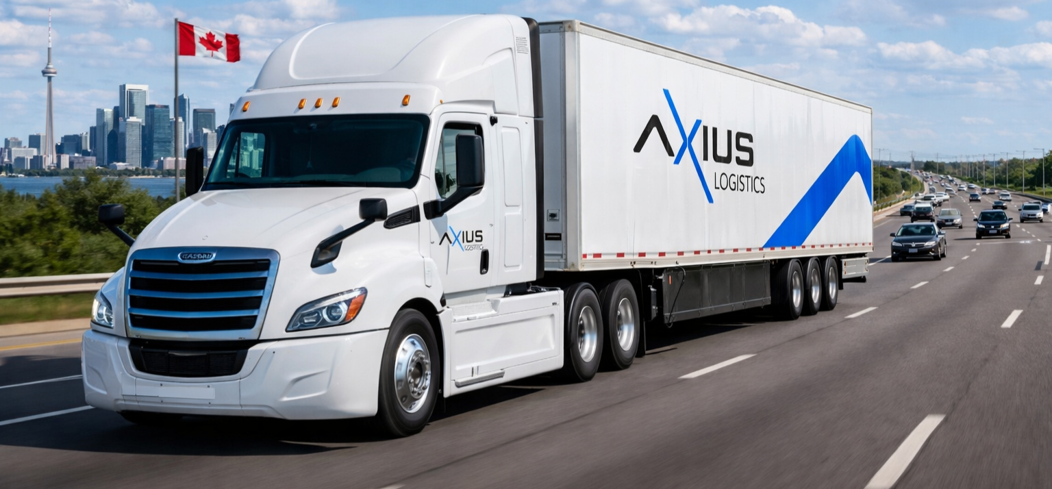 A white Axius Logistics semi-truck driving on a highway with multiple lanes, with a city skyline and a Canadian flag in the background.