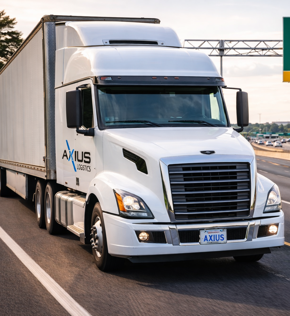 A white semi-truck with the AXIUS Logistics logo on the side, driving down a highway.