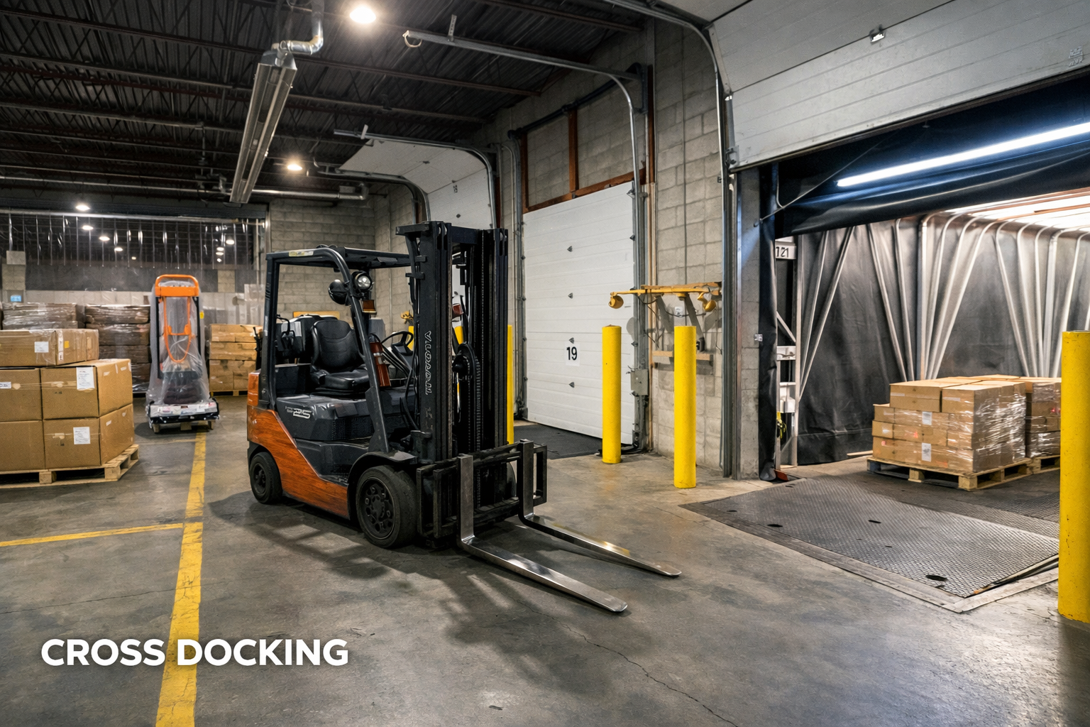An indoor warehouse with a forklift in the foreground and cardboard boxes on pallets around. There are large garage doors and a cross-docking area, with industrial lighting and concrete walls.