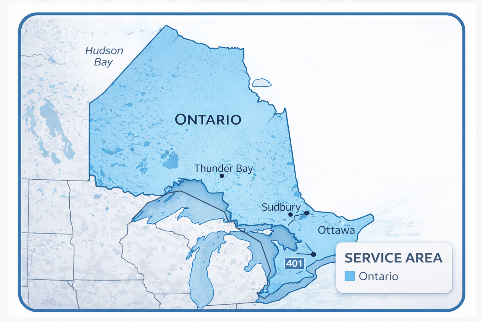 Map highlighting Ontario's service area in blue, including cities Thunder Bay, Sudbury, and Ottawa, with Lake Ontario and Highway 401 visible.