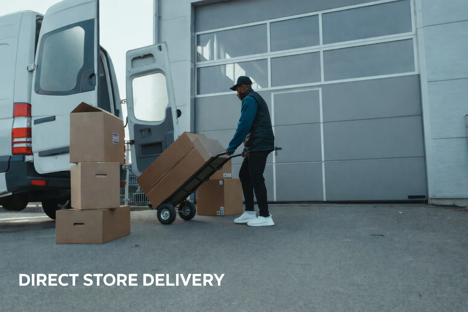 A man loading cardboard boxes onto a dolly next to a delivery van outside a building. The text 'DIRECT STORE DELIVERY' is at the bottom of the image.