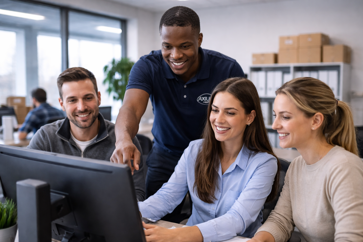 A diverse group of four people, three women and one man, working together at a desk in an office, looking at a computer monitor, with smiling faces