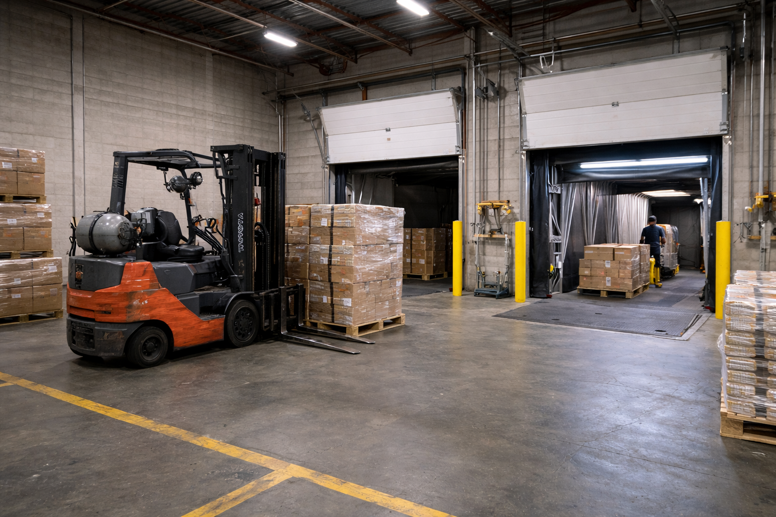 Warehouse with a forklift moving pallets of boxed goods toward open loading dock doors, with hand truck and additional pallets in the background.
