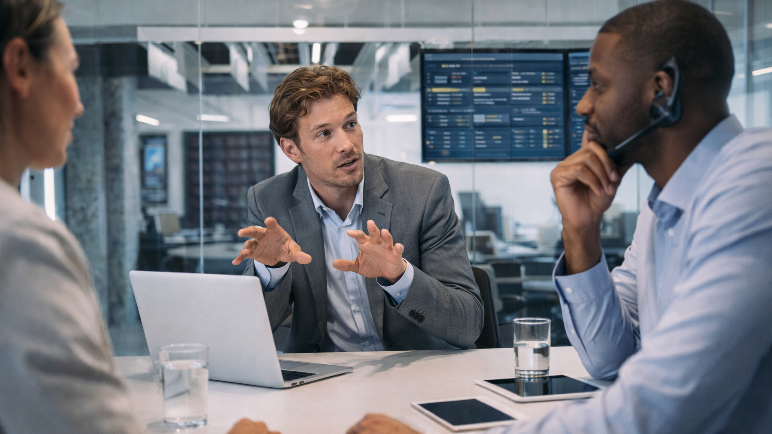 Three business professionals having a discussion in a modern office conference room with a glass wall and digital screens in the background.