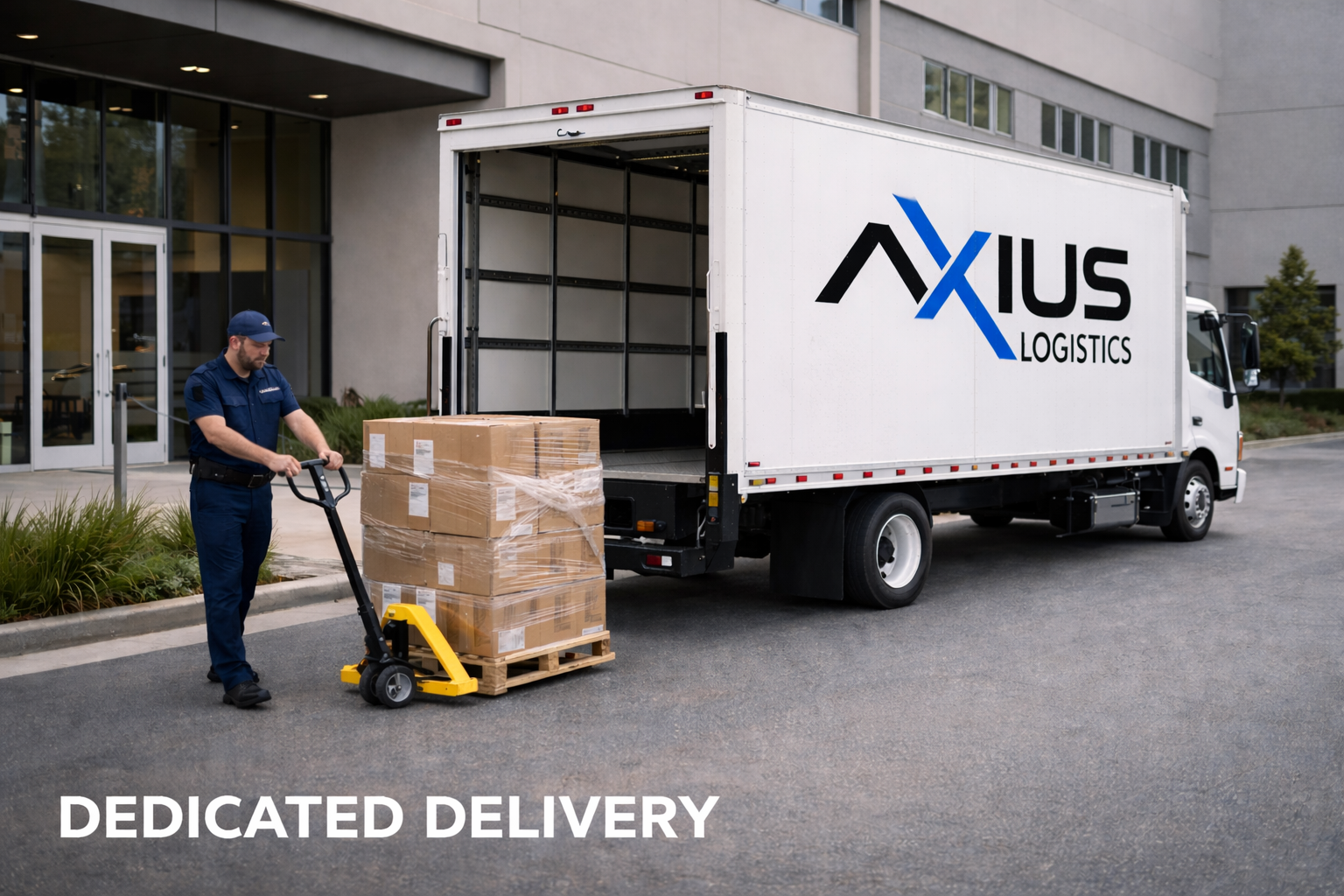 A delivery worker in a blue uniform loading a pallet of boxes onto a white logistics truck with the logo 'AXIUS LOGISTICS' parked outside a modern building.