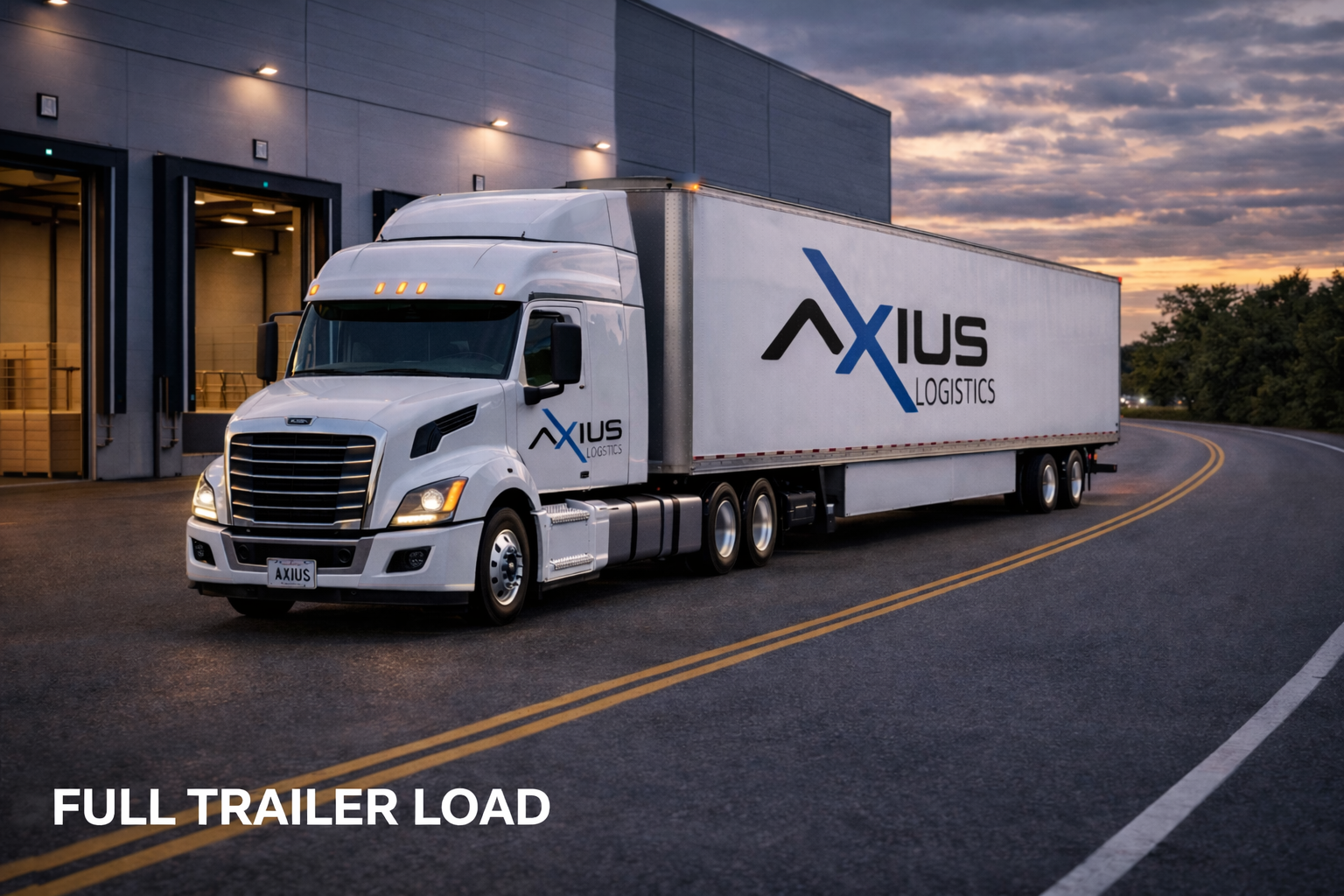 A white Axius Logistics semi-truck parked outside a warehouse at dusk, with the label 'Full Trailer Load' in the bottom left corner.