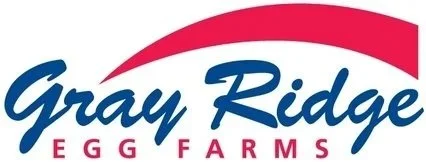 Gray Ridge Egg Farms logo with stylized text and a red curved line.