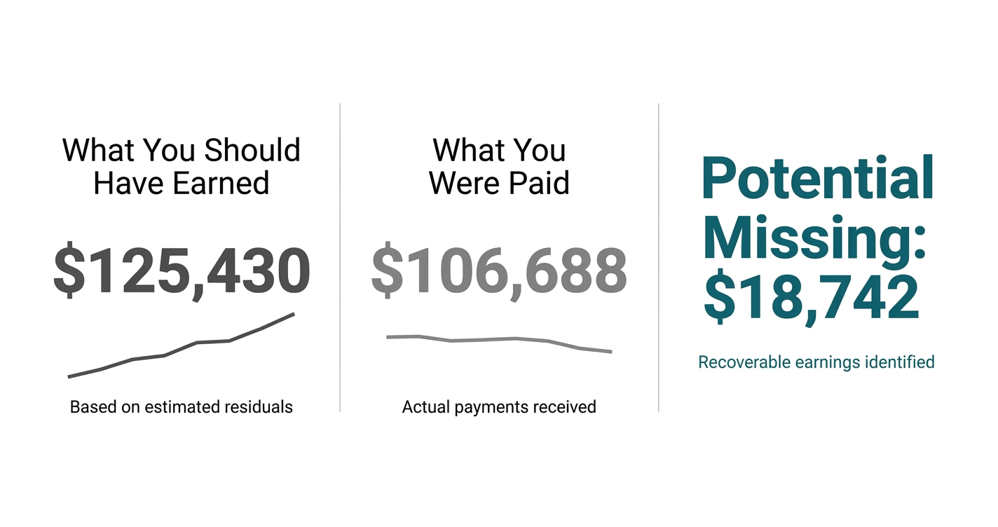 Comparison of estimated earnings ($125,430), actual payments received ($106,688), and potential missing recoverable earnings ($18,742) with small line graphs under each amount.