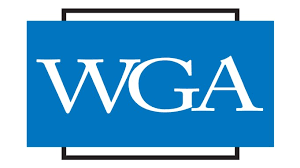 Logo of WGA with white letters on a blue background