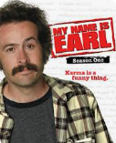 A man with dark hair, mustache, and plaid shirt against a red background. Text overlay says 'My name is Earl' and 'Season One'.