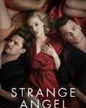 Three people lie close together on a bed, with a woman in a red dress in the center and two men beside her.