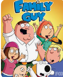 Cartoon illustration of the Family Guy characters including Peter, Lois, Stewie, Meg, Chris, and Brian the dog, in front of the Family Guy logo.