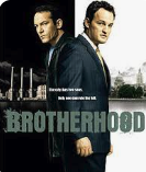 DVD cover for the movie 'Brotherhood' featuring two men in suits standing against a cityscape background.