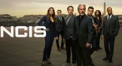 Promotional image of the NCIS television series cast standing outdoors with city skyline in the background.