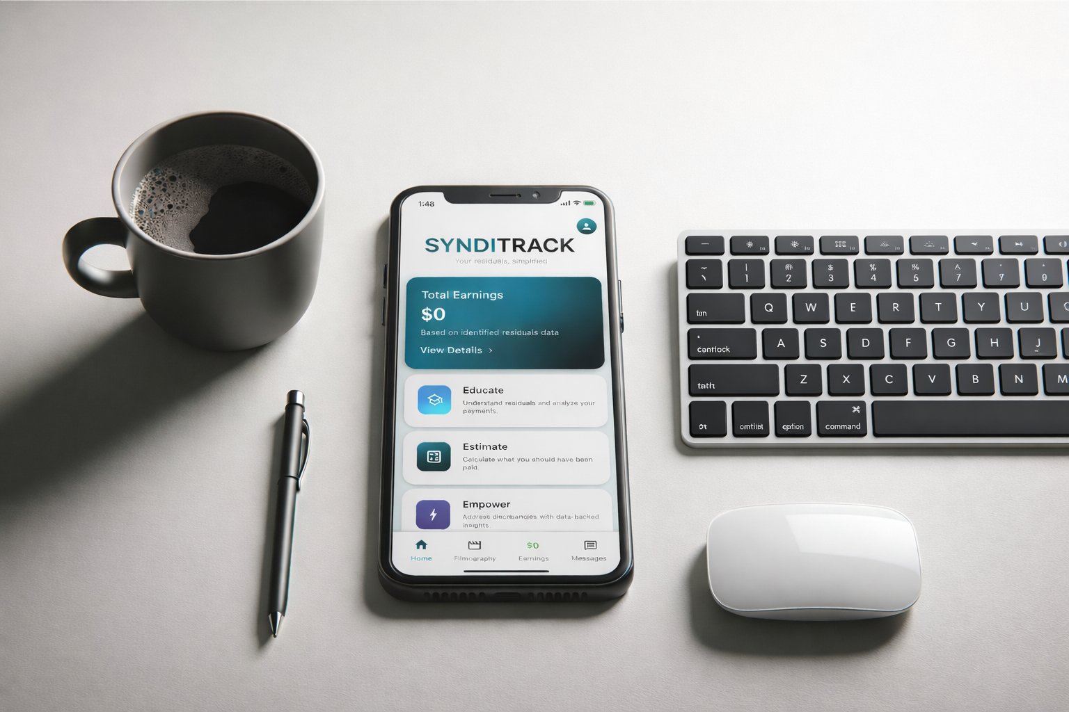 A smartphone displaying the SYNDITRACK app, as an actor prepares to use it to upload their residuals payment history