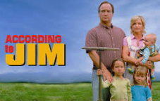 Family standing outdoors with a blue sky background, text overlay reads 'According to Jim' in bright yellow and red.