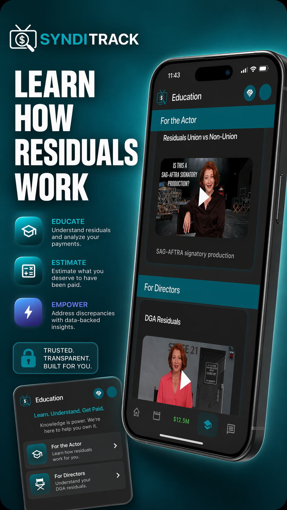 An advertisement for SYNDI TRACK education app showing a smartphone screen with video lessons focused on residuals work for actors and directors, with explanations of features like educating, estimating, and empowering users.