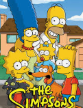 The Simpsons cartoon family standing in front of their house, including Homer, Marge, Bart, Lisa, Maggie, and a dog.