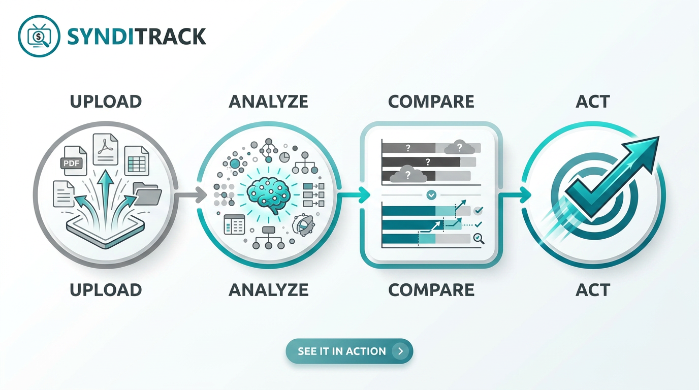 Diagram showing the process of uploading, analyzing, comparing, and acting on data with SYNDITRACK, including icons for documents, a brain, charts, and a target with an arrow.