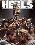 Group of people sitting and standing, with a woman at the top holding a guitar, in front of a building with a sign that reads 'The Hell's'.