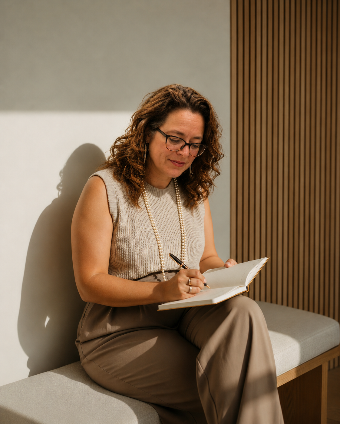 A woman with curly brown hair and glasses, wearing a beige sleeveless top and taupe pants, sits on a bench and writes in a notebook with a black pen.