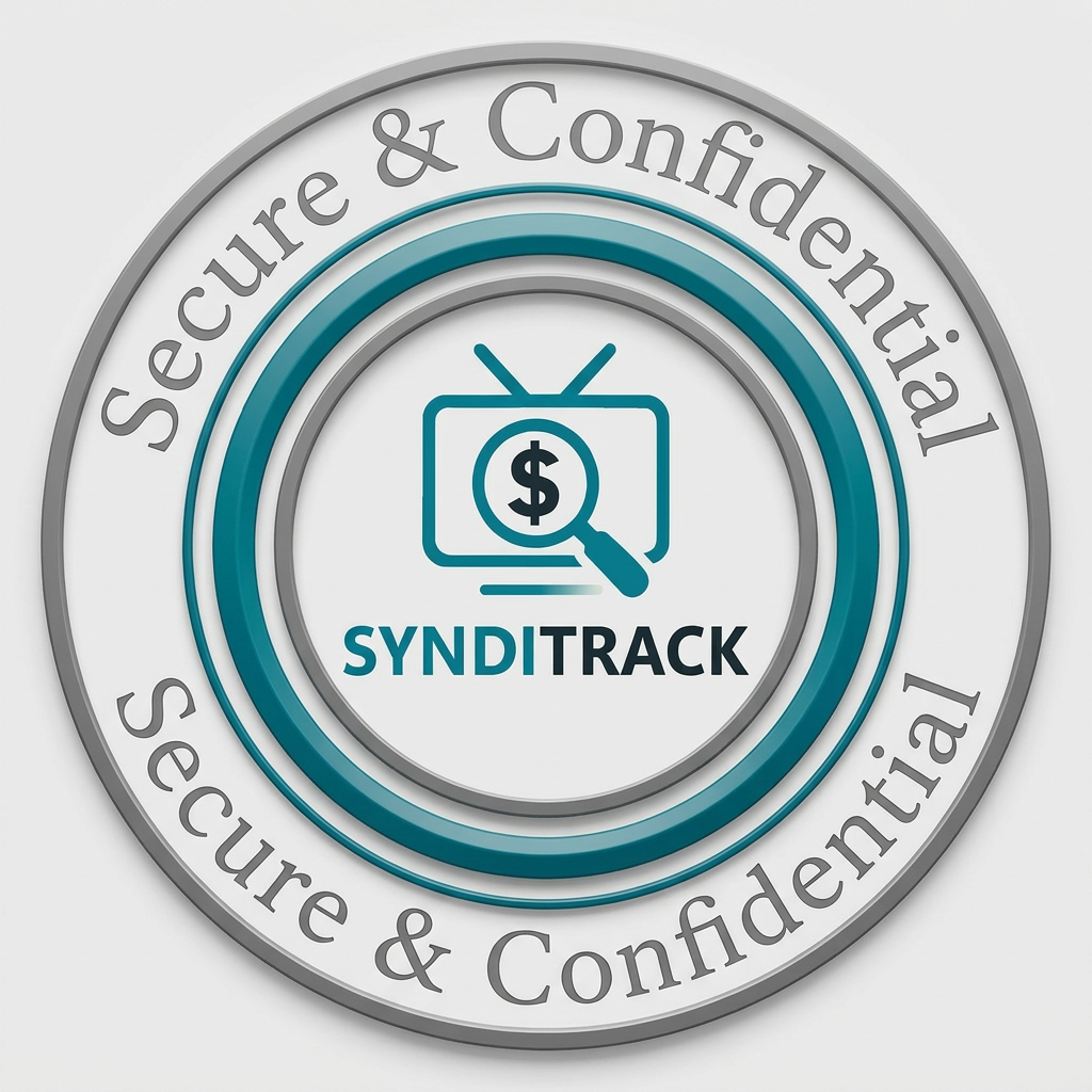 Circular emblem with the words 'Secure & Confidential' repeated around the edge, featuring a central icon of a magnifying glass over a dollar sign on a television screen, and the text 'SYNDITRACK' below.