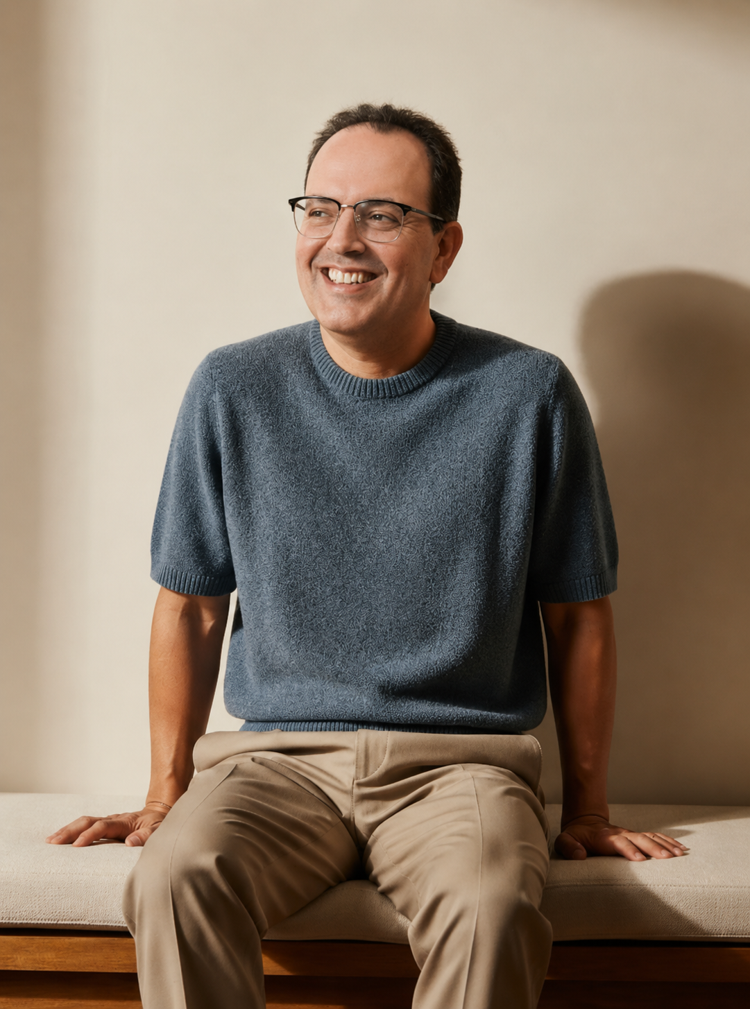 A man wearing glasses, a gray sweater, and beige pants sitting on a bench, smiling and looking to the left.